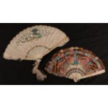 Two 19th century Chinese feather fans, comprising a fan with deeply carved ivory guards, featuring