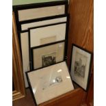 An interesting group of signed etchings depicting various townscapes, church interior and genre