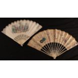 Two French fans, comprising a mid-18th century ivory fan with slender sticks, lightly carved and