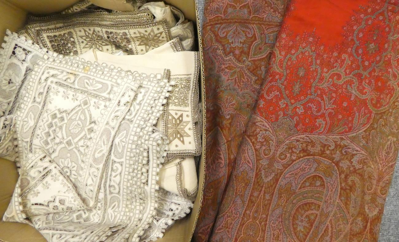 Early 20th century paisley woven shawl, together with various table linens