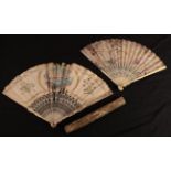 An 18th century ivory fan, with slender plain guards and carved and pierced gorge sticks, worked