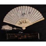 A small Chinese ivory fan, most likely early 20th century, the guards quite deeply carved with