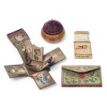 Sewing Accessories, comprising a Georgian straw work needle case, inlaid with pink flower heads to