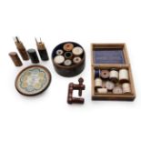 Assorted Sewing Accessories, comprising a Clark & Co tartan ware circular thread box and cover; Kerr