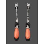 A Pair of Diamond, Onyx and Coral Earrings, a cluster of diamonds in square settings to create a