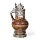 A George V Silver-Mounted Stoneware Jug by S. Blanckensee and Son Ltd., Birmingham, 1920, the