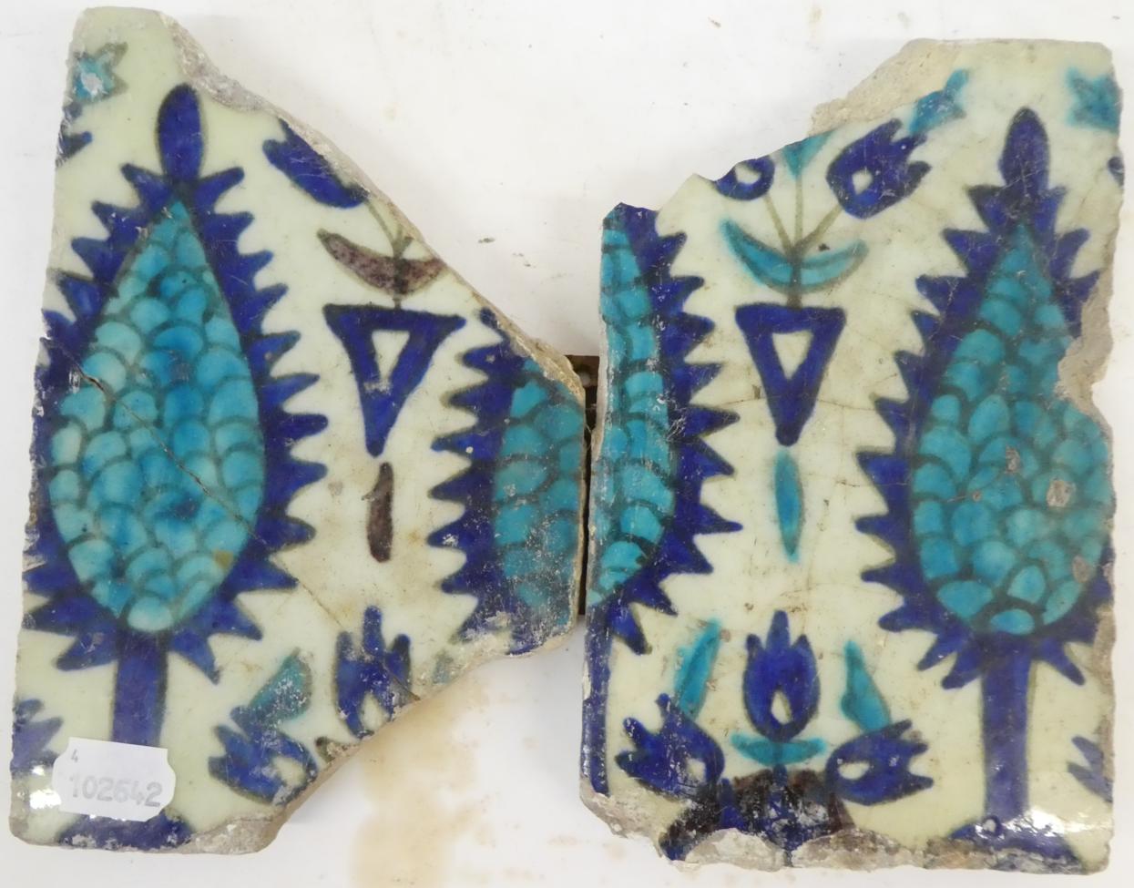 A Group of Five Damascus Pottery Tile Fragments, probably 17th/18th century, painted in turquoise, - Image 2 of 24