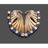 A Sapphire and Diamond Double Clip Brooch, each clip as a stylised fan, the outer edge set with