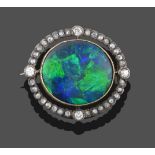 An Opal and Diamond Brooch, circa 1910, an oval polished black opal in a yellow millegrain