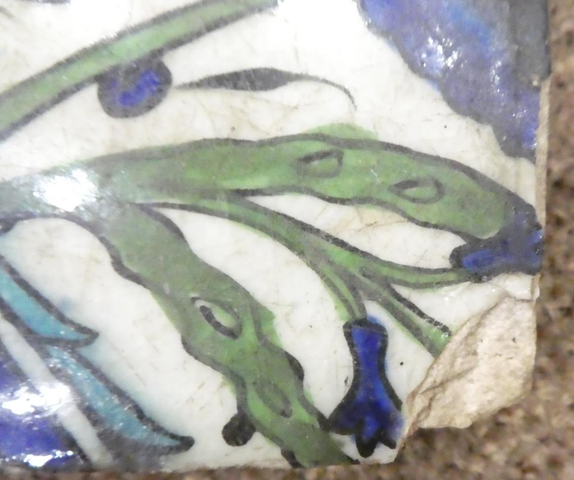 A Damascus Pottery Tile, circa 1580, from the same series, 22cm by 24cm. 6cm by 3.5cm section of - Image 3 of 7