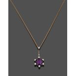 An Amethyst and Diamond Necklace, the pendant drop comprised of an octagonal step cut amethyst