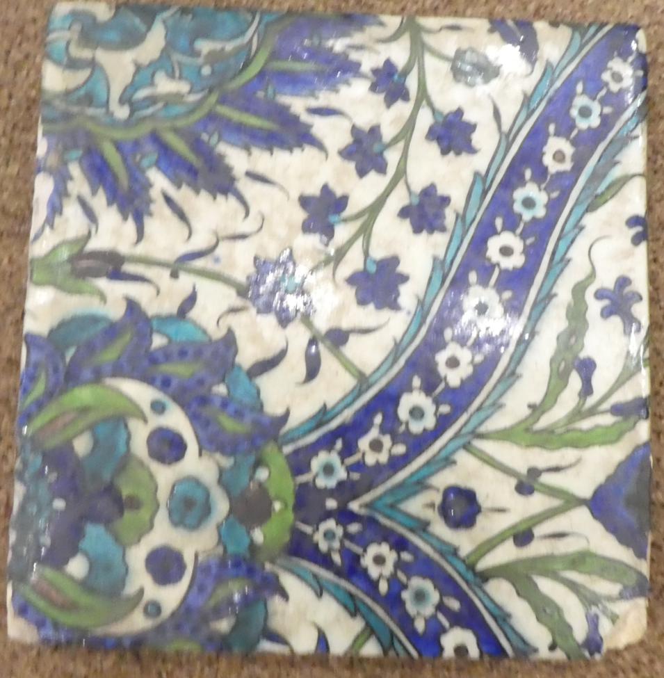 A Damascus Pottery Tile, circa 1580, from the same series, 22cm by 24cm. 6cm by 3.5cm section of - Image 2 of 7