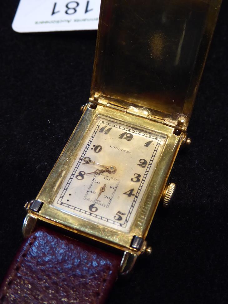 An Unusual Art Deco 18ct Gold Flip Top Rectangular Wristwatch, signed Longines, circa 1927, (calibre - Image 6 of 9