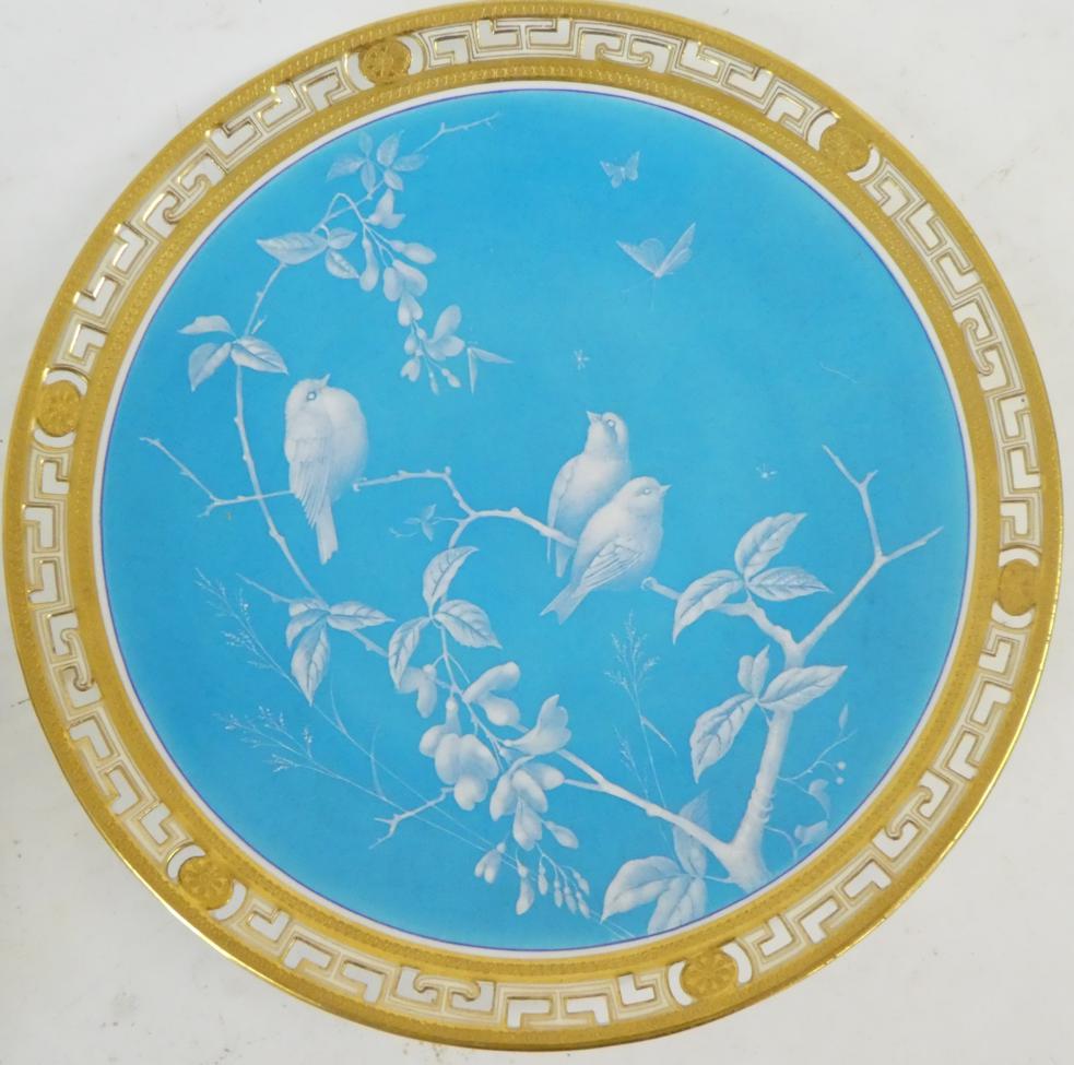 A Pair of Minton Plates, circa 1870, decorated with birds amongst branches on a sky - Image 2 of 10