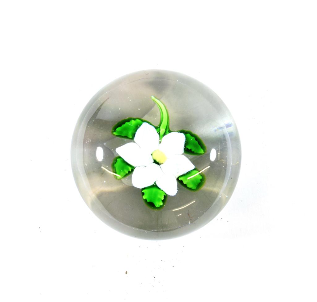 A St Louis White Double Clematis Paperweight, circa 1850, with green stem and leaves, 6.5cm