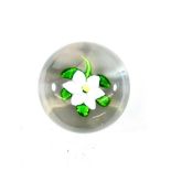 A St Louis White Double Clematis Paperweight, circa 1850, with green stem and leaves, 6.5cm