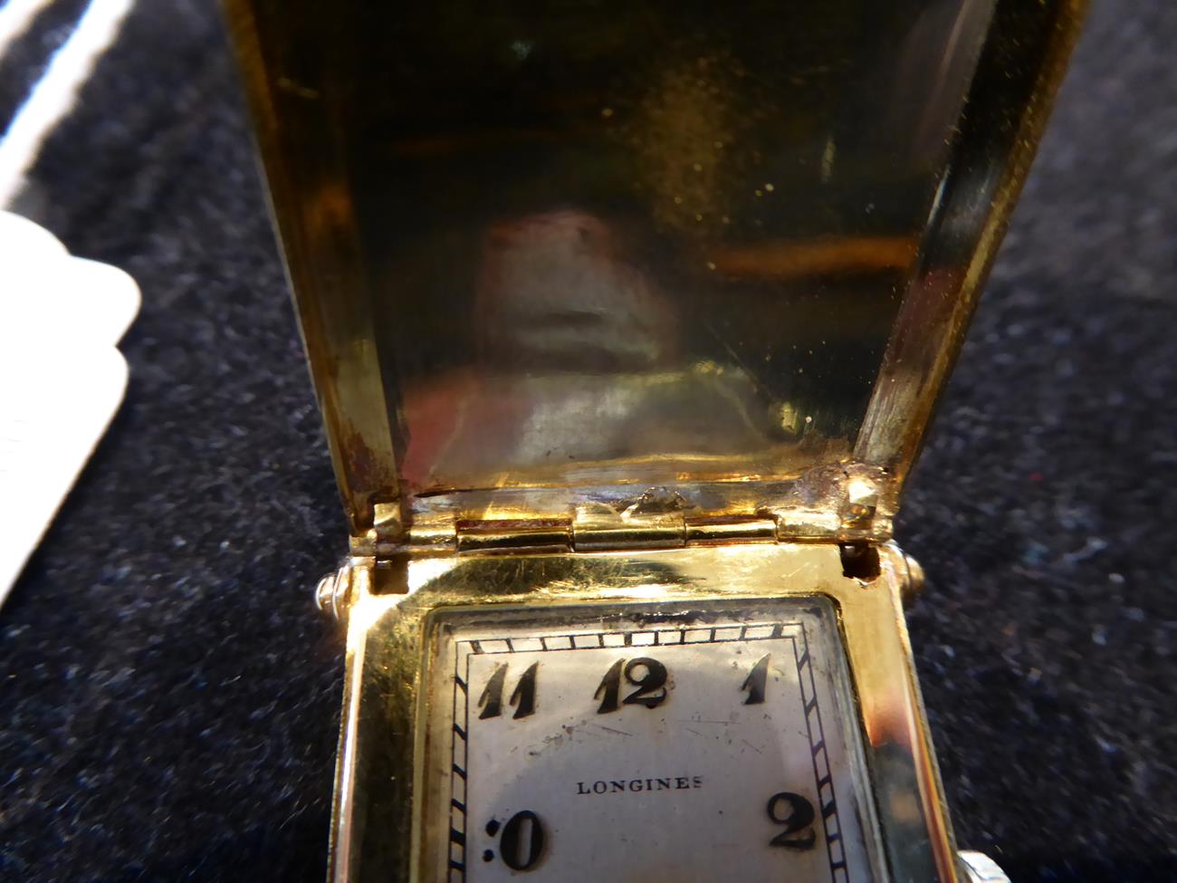 An Unusual Art Deco 18ct Gold Flip Top Rectangular Wristwatch, signed Longines, circa 1927, (calibre - Image 9 of 9