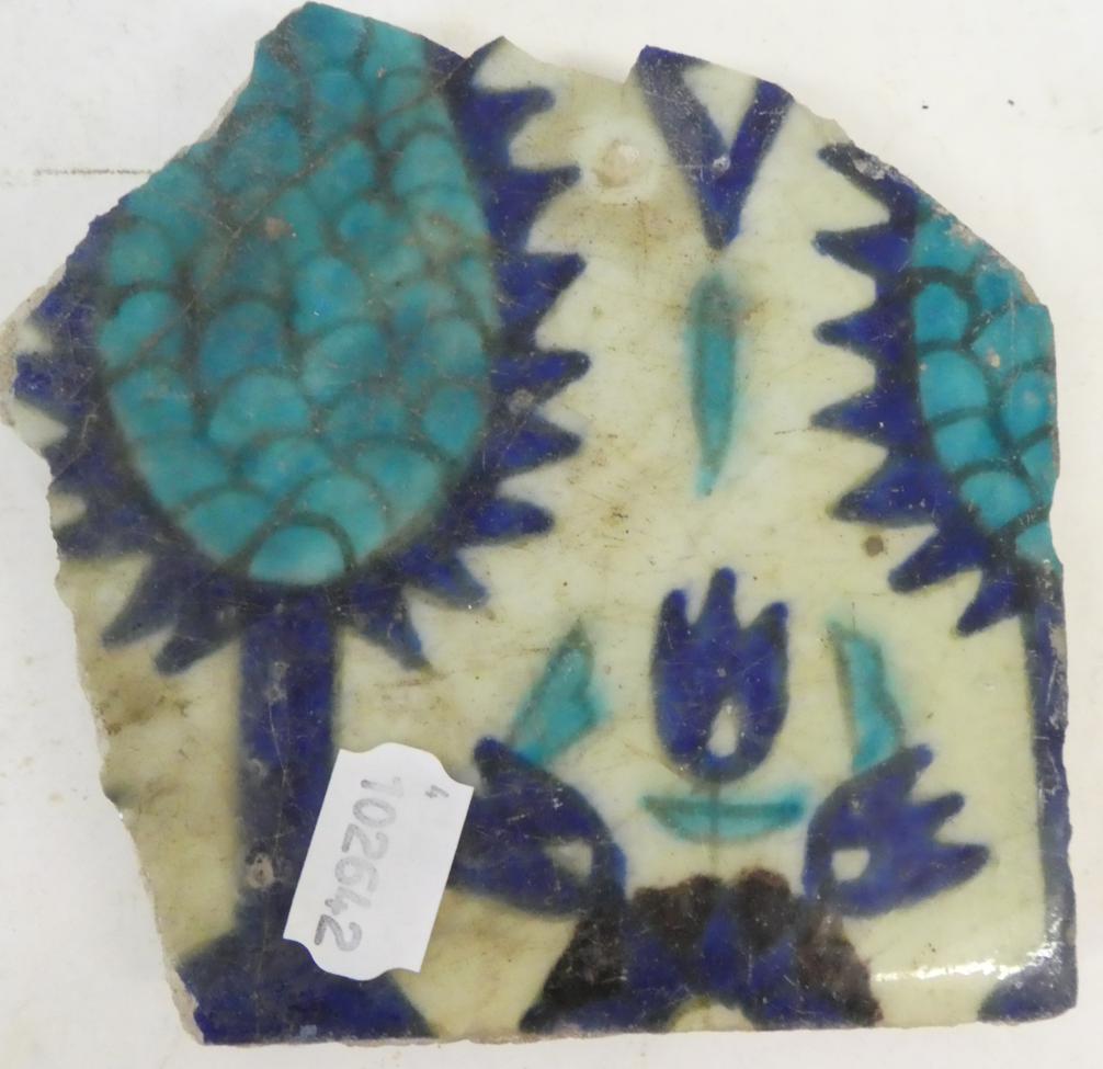 A Group of Five Damascus Pottery Tile Fragments, probably 17th/18th century, painted in turquoise, - Image 8 of 24