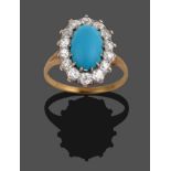 A Turquoise and Diamond Cluster Ring, the oval cabochon turquoise within a border of round brilliant