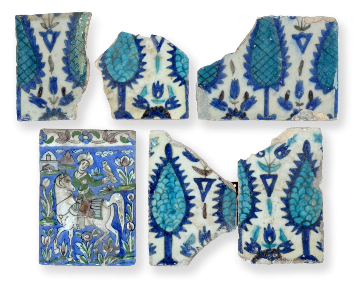 A Group of Five Damascus Pottery Tile Fragments, probably 17th/18th century, painted in turquoise,