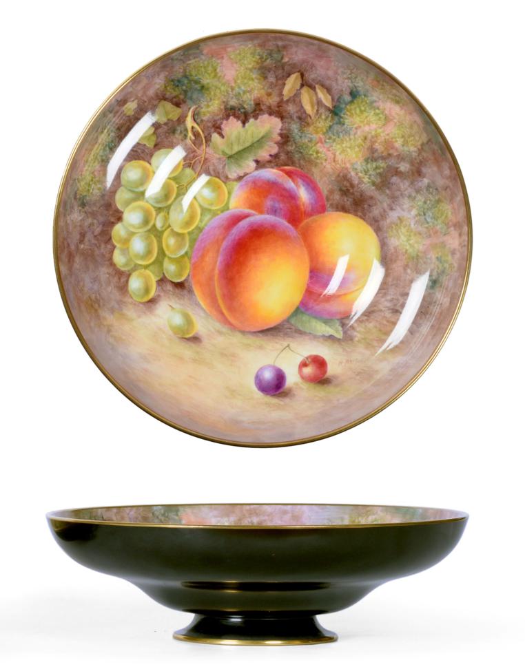 A Royal Worcester Porcelain Bowl, by Harry Ayrton, 1957, painted with a still life of fruit on a