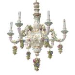 A Meissen Porcelain Six-Light Electrolier, 20th century, with leaf sheathed baluster column and