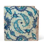 A Damascus Pottery Tile, early 17th century, painted in blue and turquoise with stylised