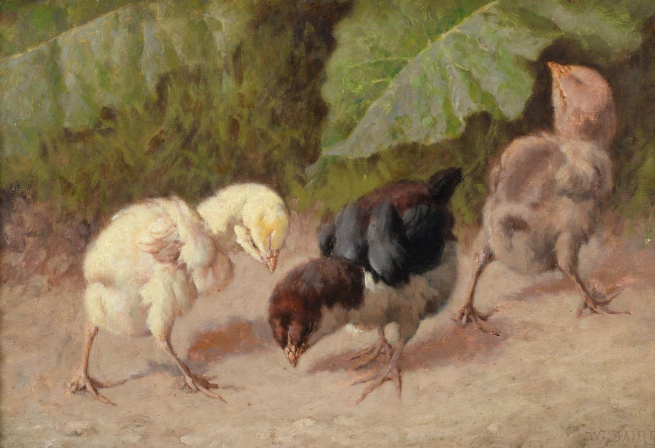 William Baptiste Baird (1847-1917) American Three chicks Signed, oil on canvas, 21cm by 32cm See