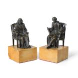 French School (19th century): A Pair of Bronze Figures of Voltaire and Rousseau, each wearing long