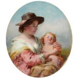 James John Hill RBA (1811-1882) Mother holding her sleeping child Oil on panel, 15cm dia. (oval) See