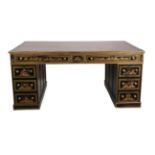 An Early 20th Century Chinoiserie Black and Gilt Decorated Partners' Desk, decorated throughout with