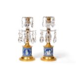 A Pair of George III Cut Glass Gilt Metal and Blue Jasper Lustre Candlesticks, with cut baluster