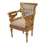 An Empire Style Giltwood Ceremonial Fauteuil, in the manner of Jacob-Desmalter, with rectangular