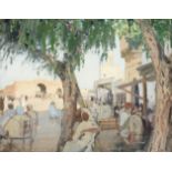 Henry Bishop (1868-1939) North African square with figures seated outside a souk Signed, oil on