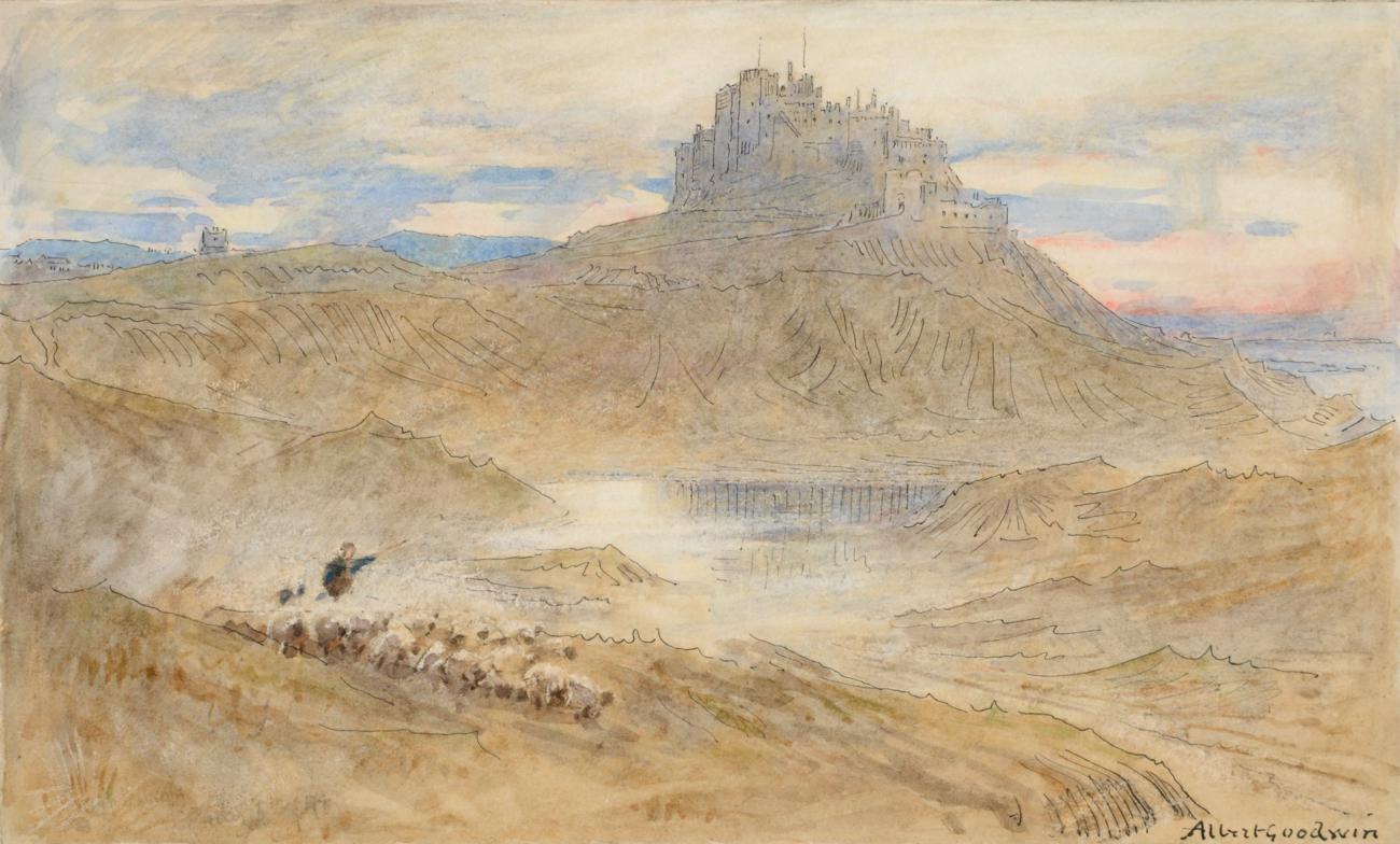 Albert Goodwin RWS (1845-1932) Bamburgh Castle Signed and inscribed in pencil Aug 5/94, mixed