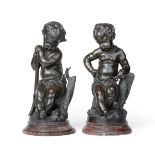 John-Baptiste Lebroc (French, 1825-1878): A Pair of Bronze Figures of Putti, as fishermen seated