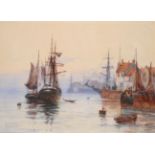 Frederick William Scarborough (1860-1939) Shipping off coast at dawn, possibly Whitby Signed,