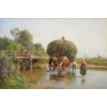 Karl Adam Heinisch (1847-1923) German Figures and a hay cart crossing a stream Signed, with original