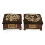 A Pair of Regency Rosewood and Brass Inlaid Footstools, early 19th century, with later floral