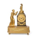 A French Bronze Ormolu Striking Mantel Clock, circa 1830, case is depicting a figure of a lady