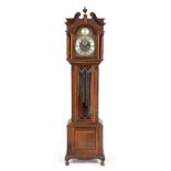 A Mahogany Chiming Longcase Clock, circa 1900, swan neck pediment, carved Corinthian capped columns,