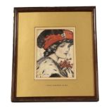 Baumer, Lewis RBA Portrait study of a lady with red hat and red flowers, signed, pen, ink and