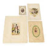 Greetings Cards Four 19th century paper-lace cards, with ink MSS messages. One bears an engineered-