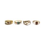 An 18 carat gold turquoise ring, finger size P (a.f.); a 9 carat gold multi-gem set ring, finger