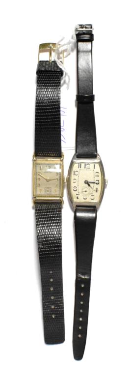 An Art Deco silver tonneau shaped wristwatch and a plated rectangular shape Hamilton wristwatch