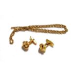 A pair of 9 carat gold knot cufflinks; and a fancy link chain with applied plaque stamped '9C',