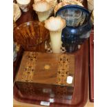 Two art glass vases, pair of Worcester vases and a walnut parquetry jewellery box