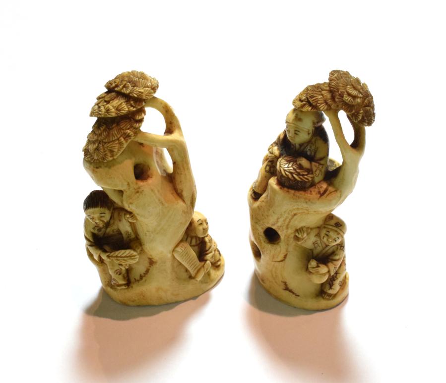 A pair of Japanese ivory Okimono/netsuke depicting scenes from the bamboo grove story