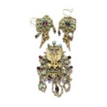 An Austro-Hungarian brooch, measures 7cm by 4.7cm; and a pair of similar drop earrings, with hook