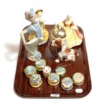 Two Royal Doulton ladies; a Royal Doulton Spaniel and game HN1028; eight enamelled trinket boxes;